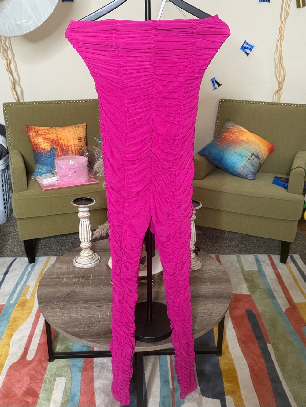 Ruched Strapless Jumpsuit in Fuchsia
